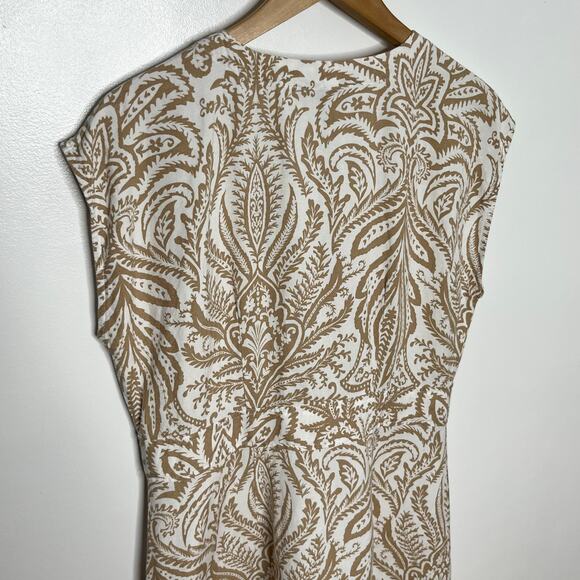 Loft Women Short Sleeve Linen Blend Button Front Dress 6 Tan Cream Floral V Neck - Picture 8 of 11